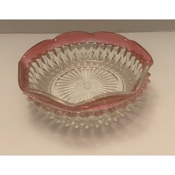 Vintage Pink Rim Crystal Cut Glass Bowl Set Scalloped Edge Pedestal Compote Dish - Picture 3 of 11